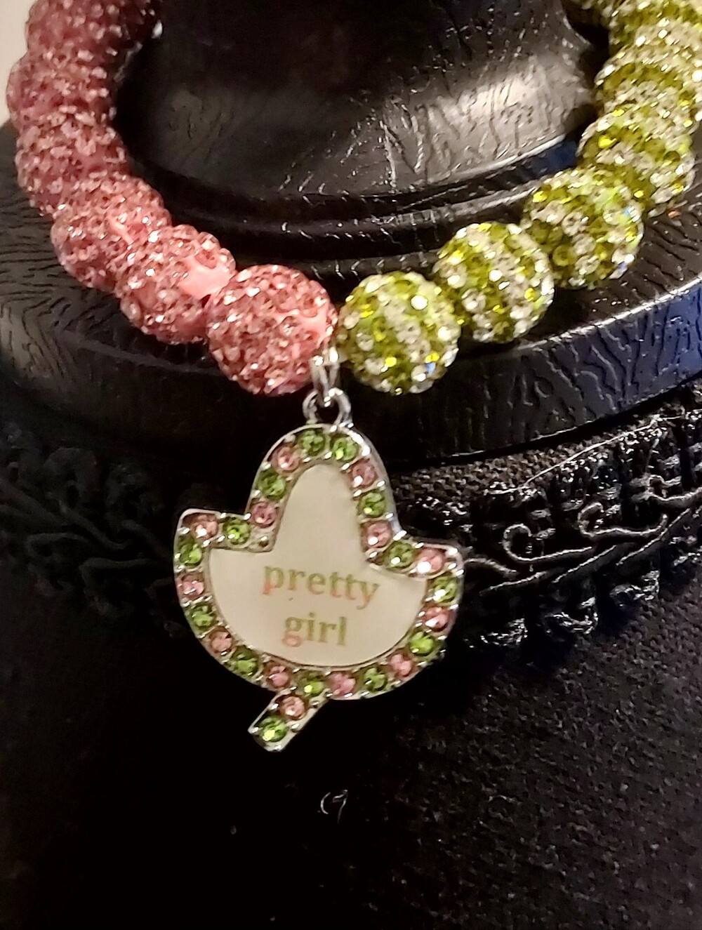 Handmade By Yours Truly. Pretty Girl Pink & Lime Leaf Charm Stretch Bracelet